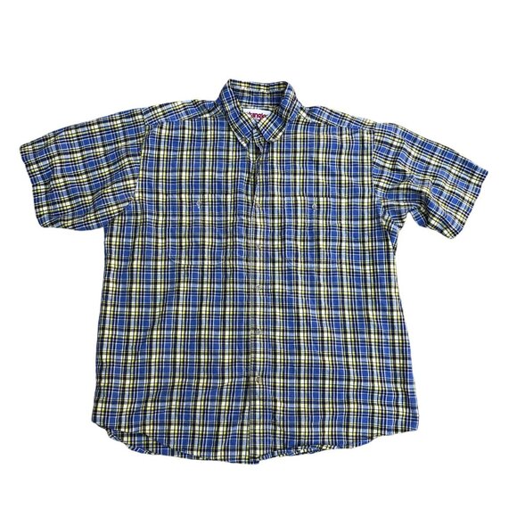 VTG WRANGLER 90s Button Down Shirt Men's XL Rugged Wear Plaid Blue Short Sleeve - Picture 1 of 6